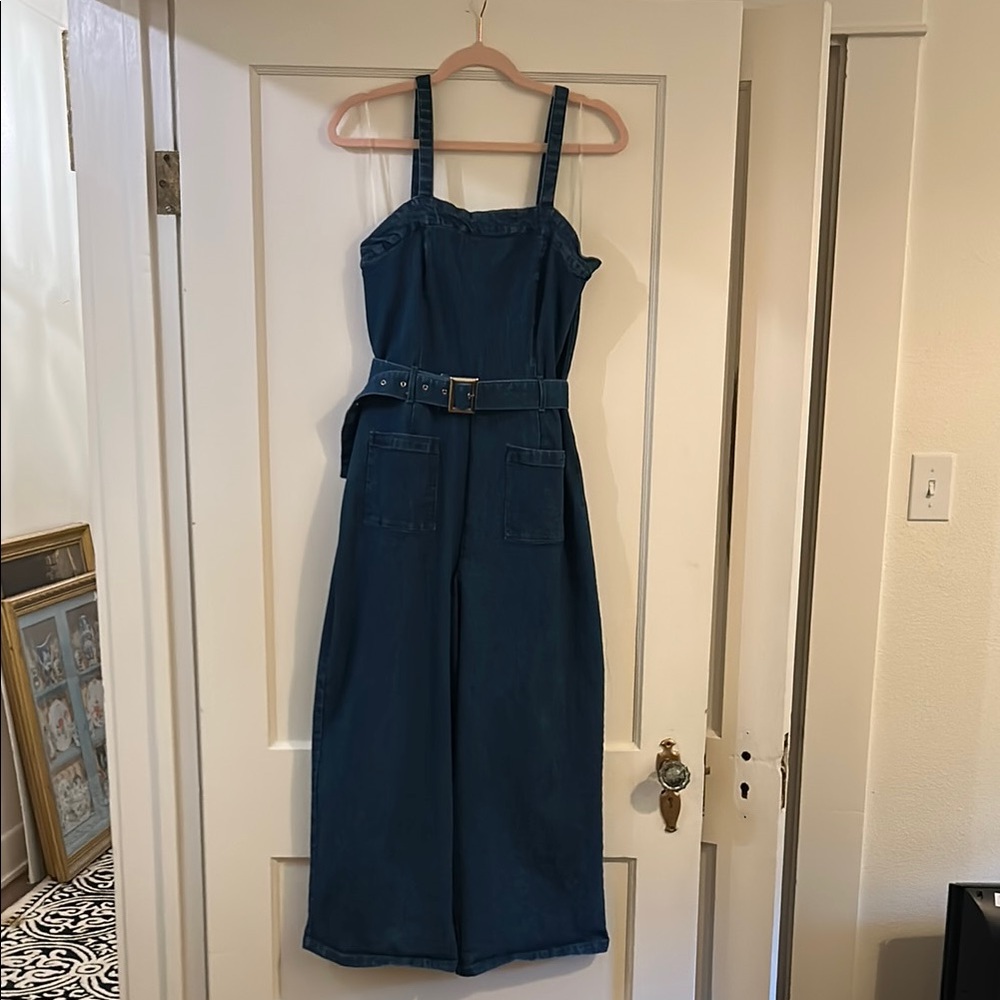 Blue Denim Overalls with Fitted Bodice and Wide Leg